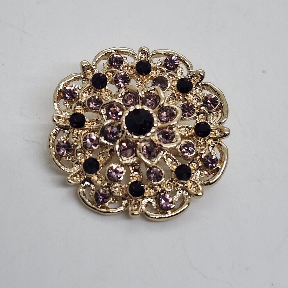 GOLD FLOWER BOUQUET‎ BROOCH PURPLE DIAMANTE CRYSTAL WEDDING PARTY PIN BROOCH